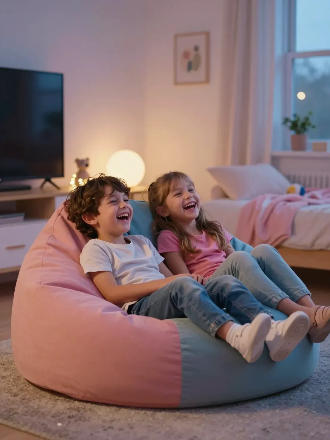 Two children laughing on a bean bag