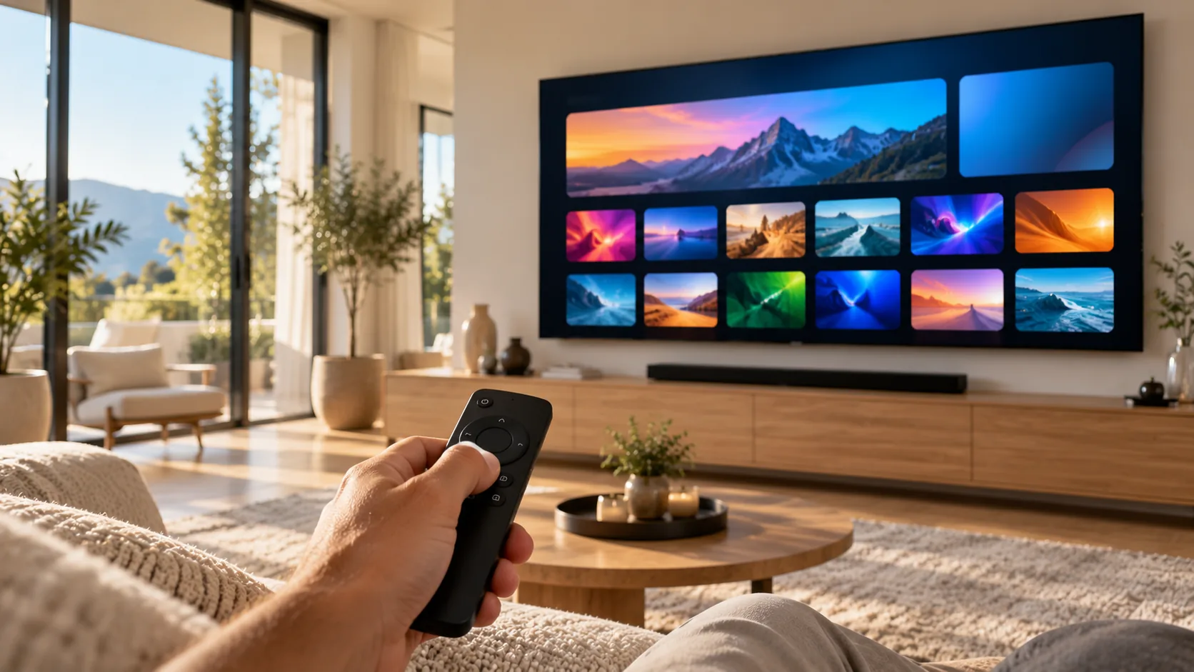 Hand holding a remote in front of a bright smart TV home screen