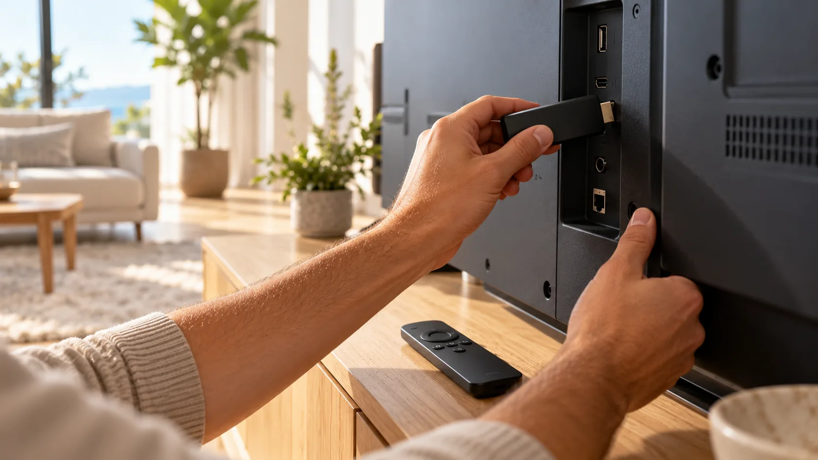 Hands plugging a streaming stick into the back of a TV