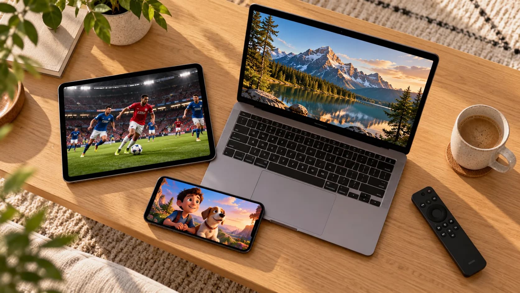 Tablet, phone and laptop each playing different video